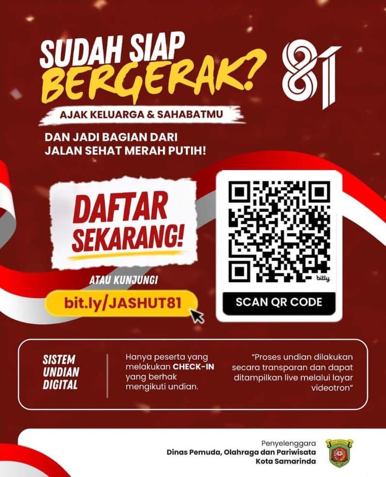 Flyer pendaftaran jalan Sehat Merah Putih yang akan digelar di GOR Segiri, Sabtu (29/8/2026). (Foto: Tri/Pusaranmedia.com)
