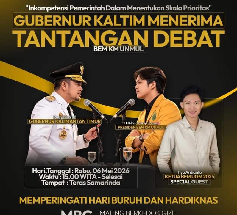 Flyer Tantangan Debat dari mahasiswa Unmul vs Gubernur Kaltim dibantah oleh Pemprov Kaltim. (Foto: BEM KM Unmul).