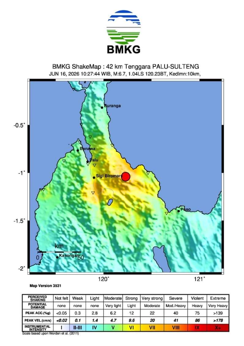Data informasi shakemap gempa Palu. (Foto: Stasiun Geofisika BMKG Balikpapan)