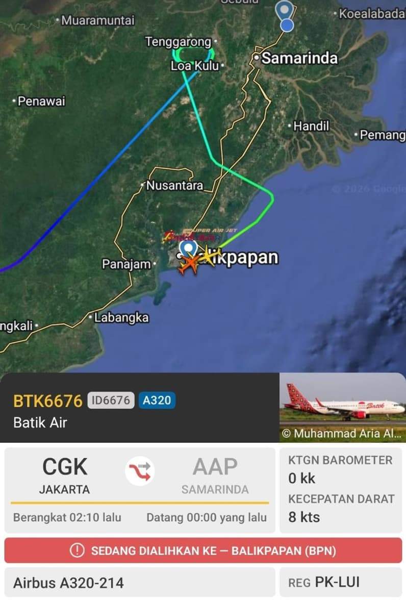 Akibat asap tebal satu pesawat gagal mendarat di Bandara APT Pranoto karena jarak pandang menurun, dialihkan ke Bandara SAMS Sepinggan Balikpapan, Rabu (16/9/2026). (Foto: WAG)