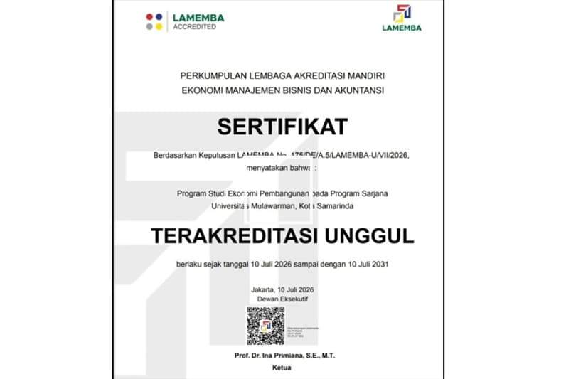 Keputusan Lembaga Akreditasi Mandiri Ekonomi Manajemen Bisnis dan Akuntansi menyatakan Program Studi Ekonomi Pembangunan pada program Sarjana Universitas Mulawarman, Kota Samarinda Terakreditasi Unggul. (Foto: Humas Unmul)