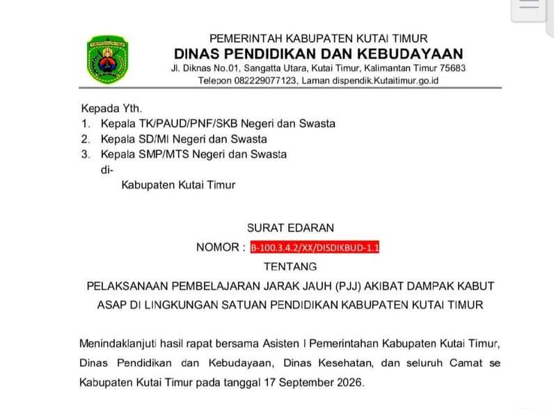 Surat Edaran Kepala Disdikbud Kutai Timur. (Foto: Dok Disdikbud Kutim)