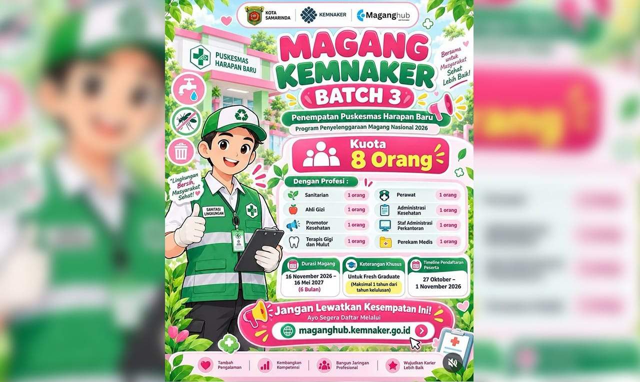 Flyer Magang Kemnaker di Puskesmas Harapan Baru, Samarinda. (Foto: Instagram UPTD Puskesmas Harapan Baru)