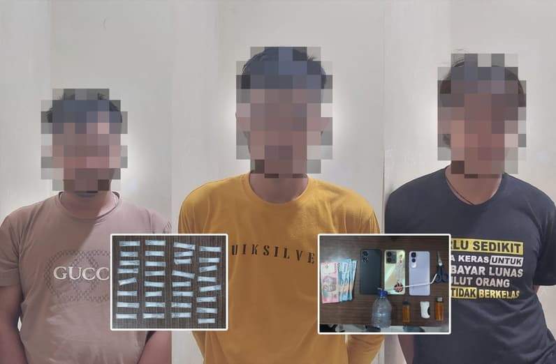 Ketiga tersangka beserta alat bukti sabu dan perangkat alat hisap yang di amankan Satreskoba Polres Nunukan. (Foto: Polres Nunukan)