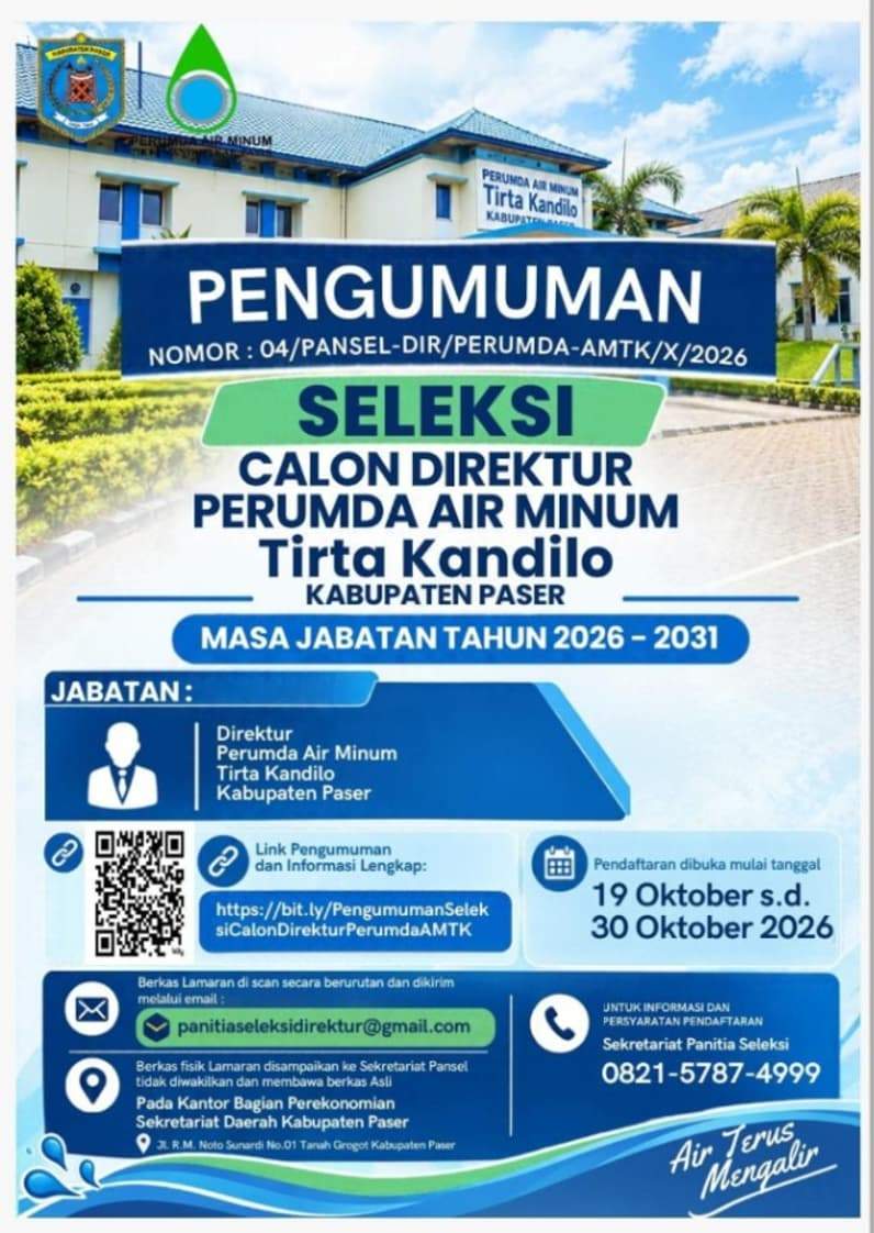 Flayer pengumuman Seleksi Calon Direktur Perumdam Tirta Kandilo Kabupaten Paser. (Foto : Dok Perumdam Tirta Kandilo)