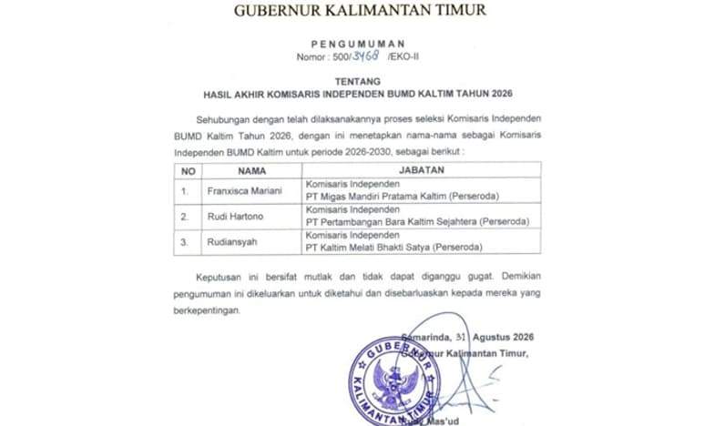 Pengumuman hasil akhir Komisaris Independen BUMD kaltim 2026. (Foto: Pemprov Kaltim)
