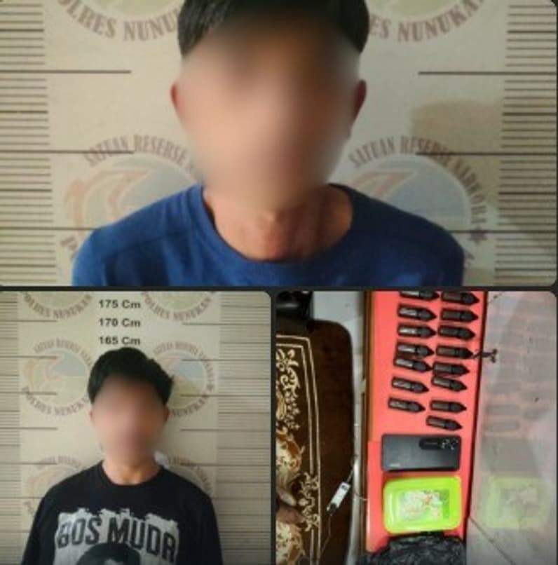 Terduga pelaku bersama barang bukti liquid yang diduga mengandung narkotika saat diamankan oleh Satreskoba Polres Nunukan (Foto: Polres Nunukan)