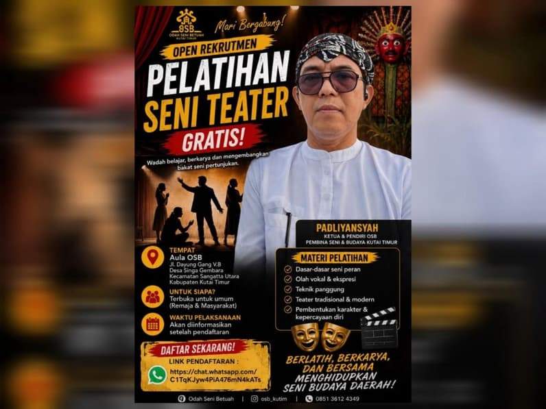 Flayer Open Rekrutmen Pelatihan Seni Teater Kutai Timur. (Foto: Dok.OSB)