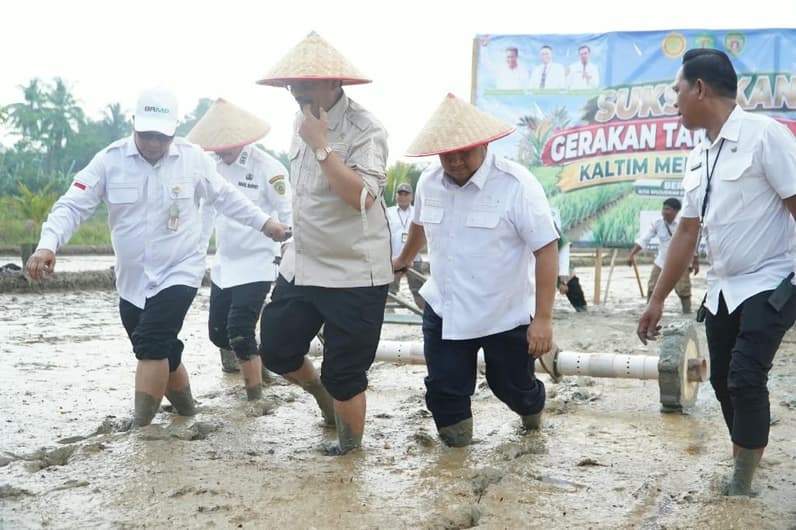 Bupati PPU, Mudyat Noor turut uji coba tanam padi dengan metode PM-AAS di Desa Bangun Mulya, Rabu (30/9/2026). (Foto: Foto: Humas Setkab PPU).