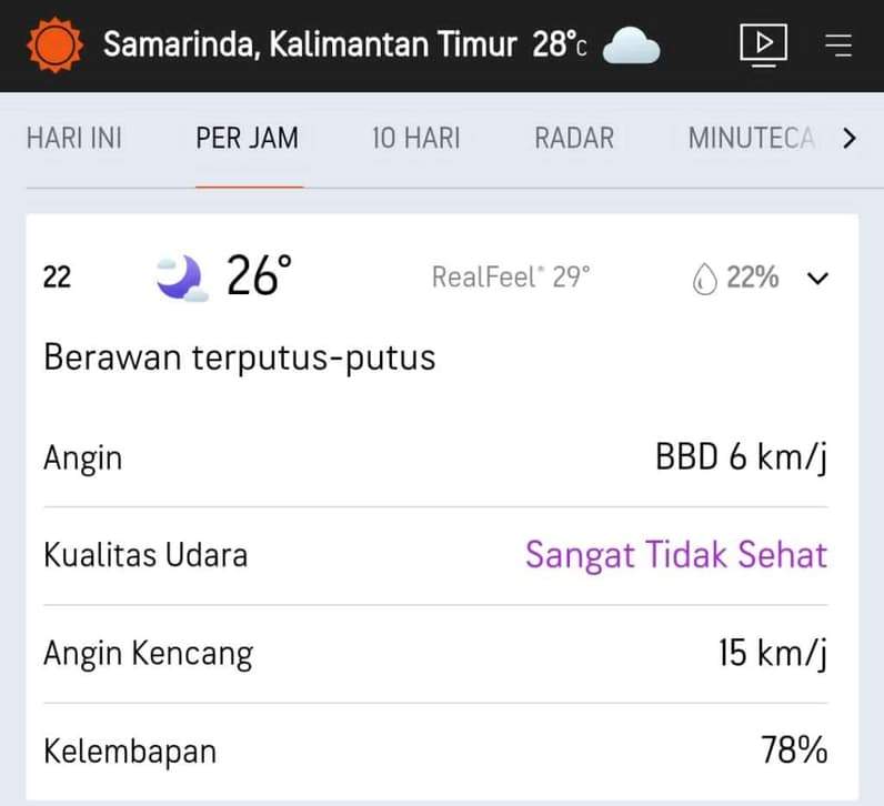 Pemantauan cuaca di malam hari kota Samarinda. (Foto: accuweather.com).
