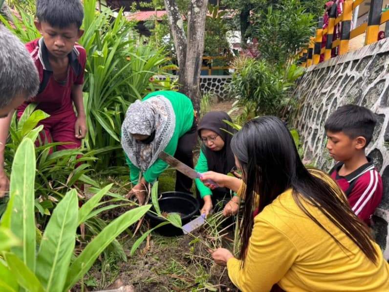 Siswa SDN 009 Bontang Selatan dan Para Guru Memanen Tanaman Toga di Sekolah. (Foto: Lutfi Aziz/Pusaranmedia.com)