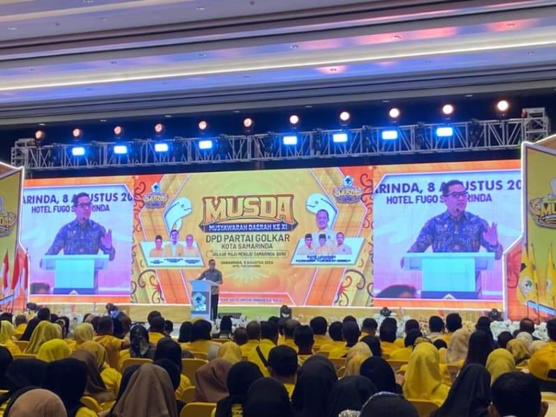 Wali Kota Samarinda, Andi Harun saat sambutan dalam Musda Golkar Samarinda, Sabtu (8/8/2026). (Foto: Tri/Pusaranmedia.com)