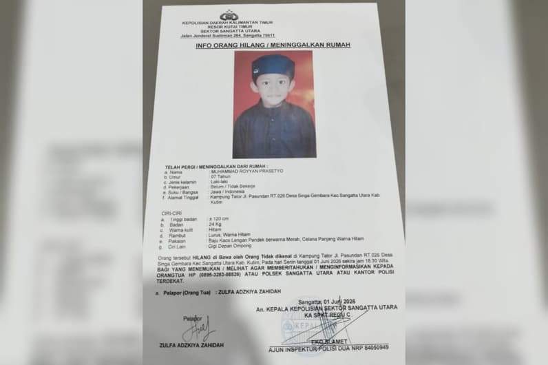 LP orang hilang anak 7 tahun di Sangatta Kutai Timur. (Foto: LP Polsek Sangatta Utara)