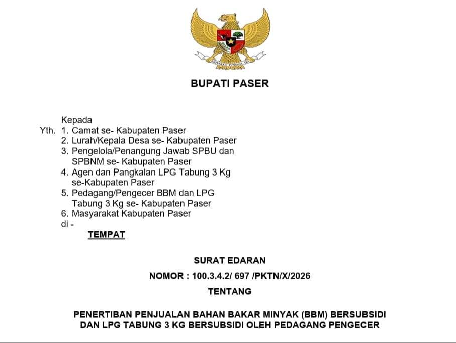 Screenshot layar Surat Edaran Bupati Paser tentang penertiban penjualan BBM dan LPG tiga kg bersubsidi oleh pedagang eceran. (Foto: Luthfi/Pusaranmedia.com)